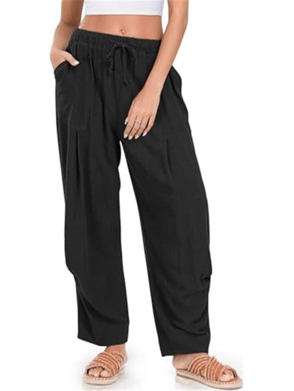 Womens Linen Baggy Harem Pants Wide Leg Drawstring Casual Summer Travel Pockets